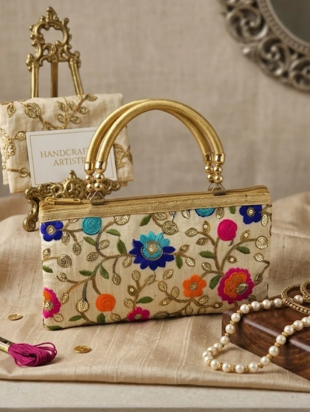 Hand-Embroidered Phulkari Floral Silk Clutch Bag | Boho Ethnic Wedding Gold